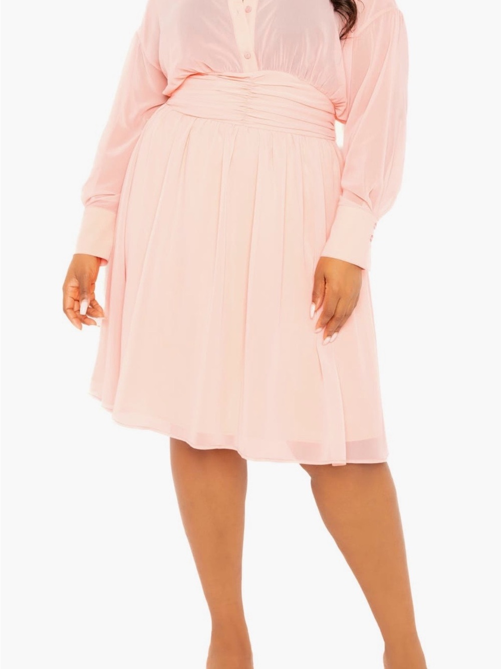 Plus-Size Blouson Waist Long Sleeve Dress in Soft Pink